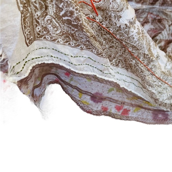 Stunning Silk Tan Orange Sete De Jaipur Mixed Media Mesh Embroidered Silk Scarf - Picture 15 of 15